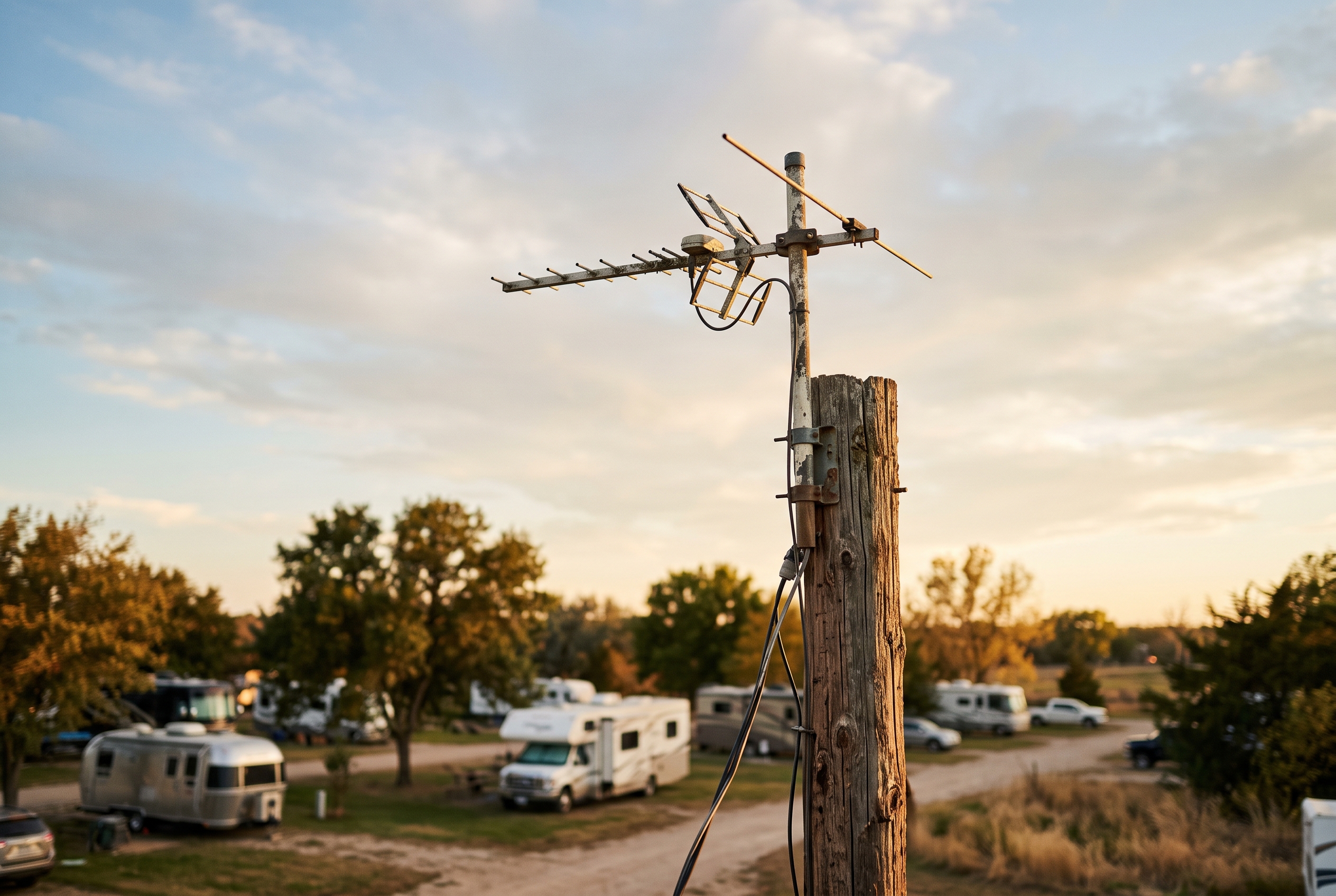 Weathered campground antenna on a wooden pole above an RV park