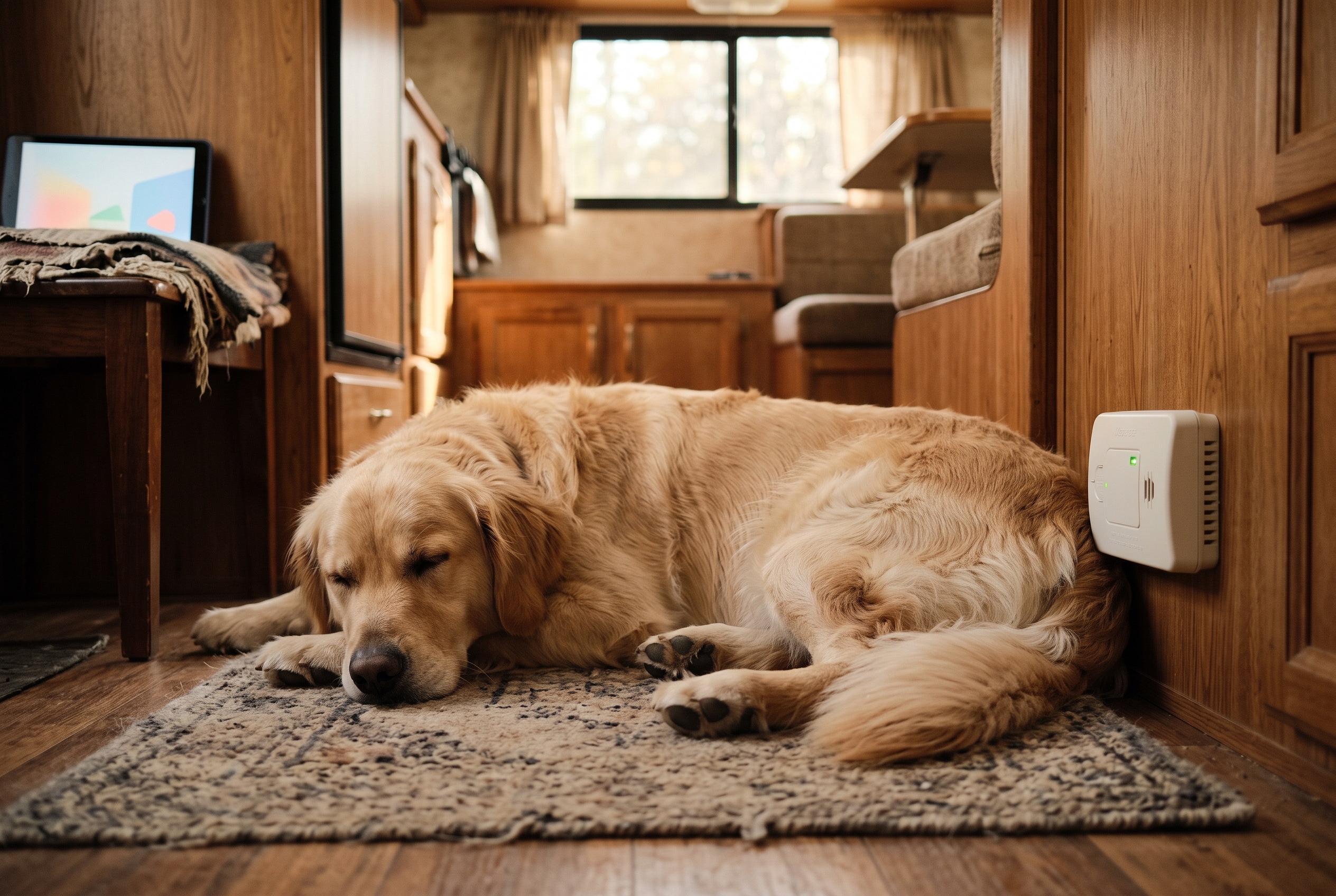 Large dog asleep on the RV floor, hindquarters directly beside the wall-mounted propane detector