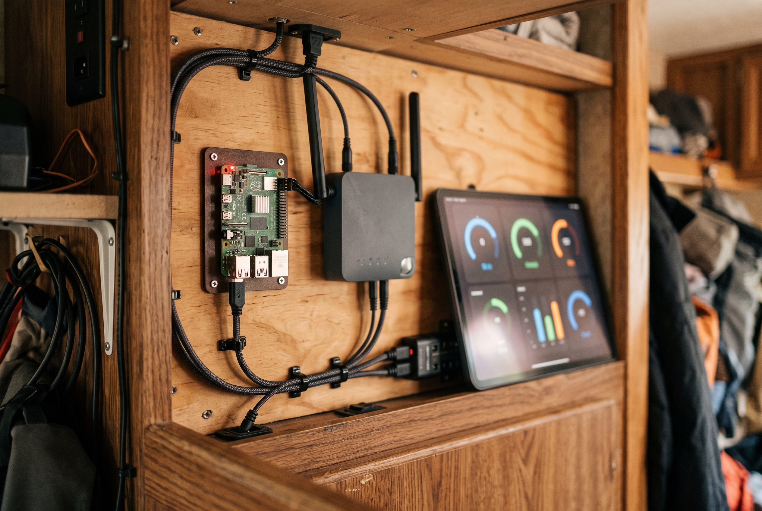 DIY monitoring setup: single-board computer and cellular router mounted in an RV cabinet
